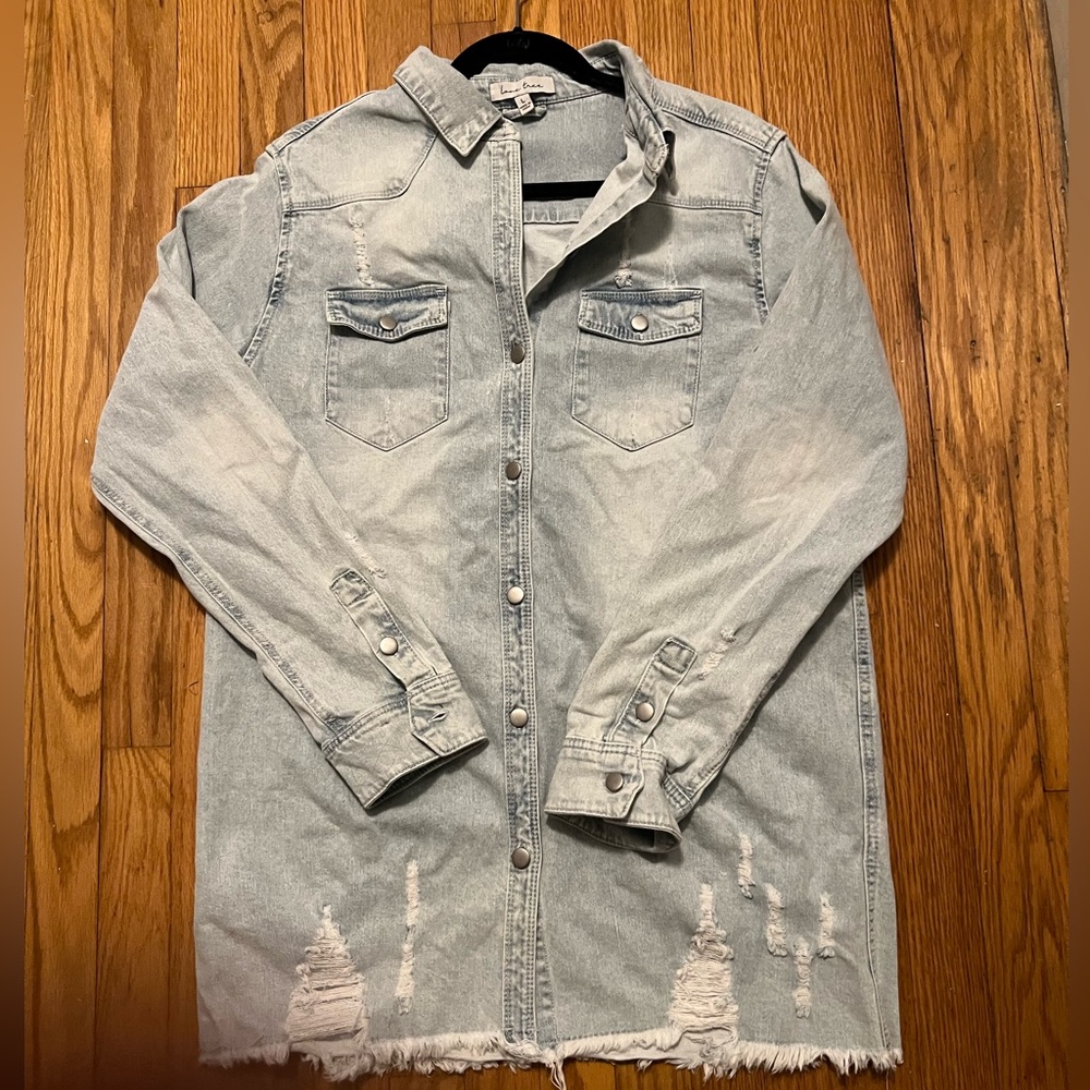 Button down denim dress with distressing. Size L.